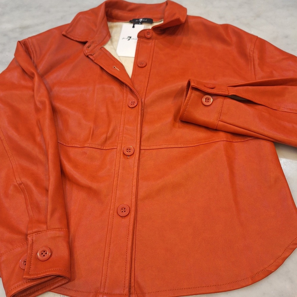 New 7 For All Mankind Faux Leather Shacket Sz S Burnt Orange Button Front Coat